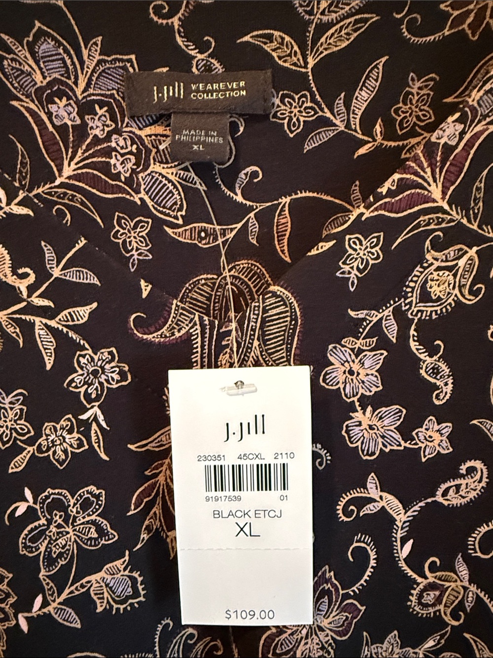 NWT J. Jill Long Sleeve Floral Swing Dress in Black and Cream - Picture 2 of 4